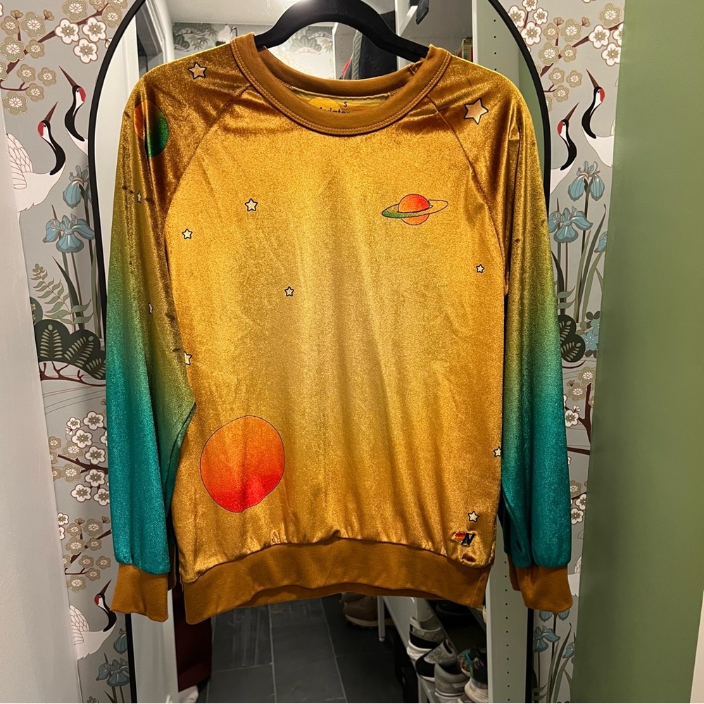AV Aviator Nation Gold Velour Velvet Galaxy Universe Crew Sweater Sweatshirt